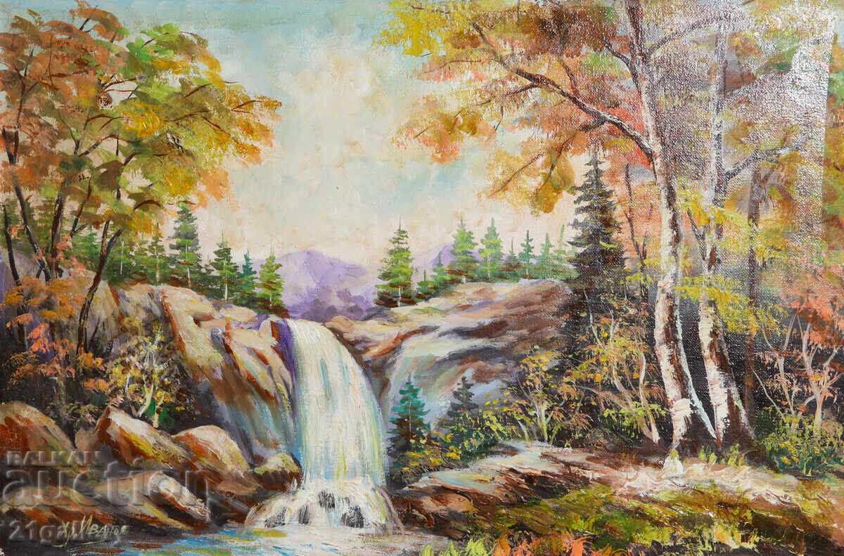 Ελαιογραφία δασικού τοπίου με καταρράκτη με τιμή 400.00 BGN | € 204.52