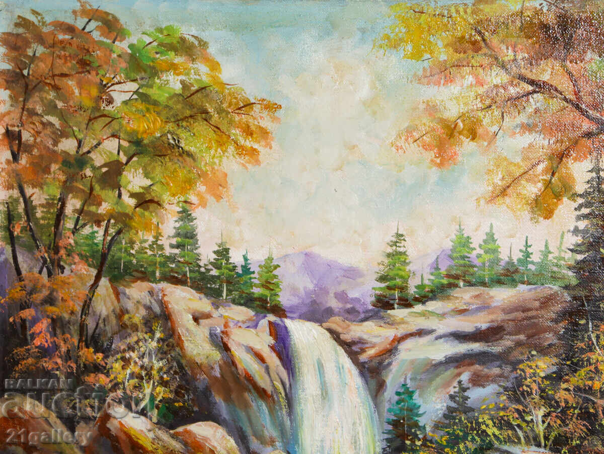 Παράδοση Ελαιογραφία δασικού τοπίου με καταρράκτη