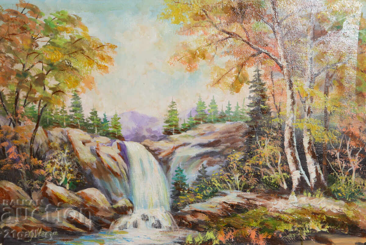 Ελαιογραφία δασικού τοπίου με καταρράκτη