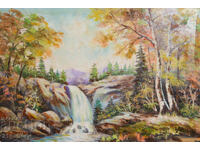 Tablou în ulei peisaj forestier cu cascadă