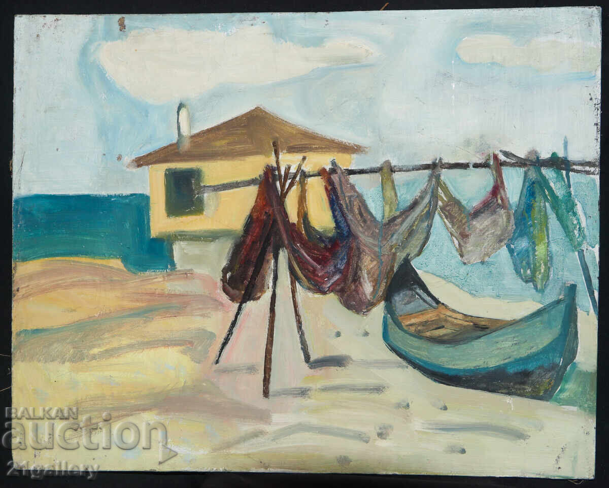Έργο ζωγραφικής με λάδι, τοπίο, δίχτυα ψαράδων με τιμή 400.00 BGN | € 204.52