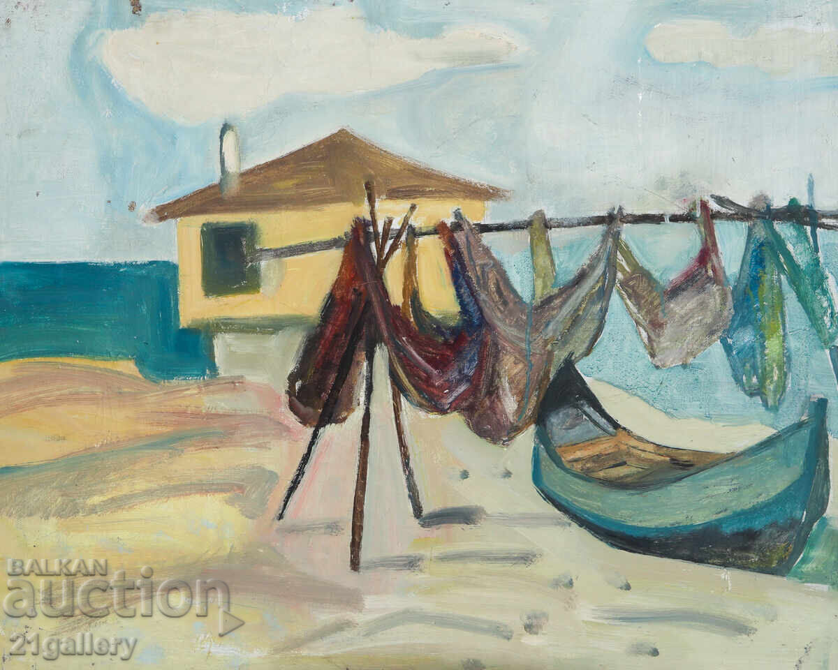 Δημοπρασία Έργο ζωγραφικής με λάδι, τοπίο, δίχτυα ψαράδων