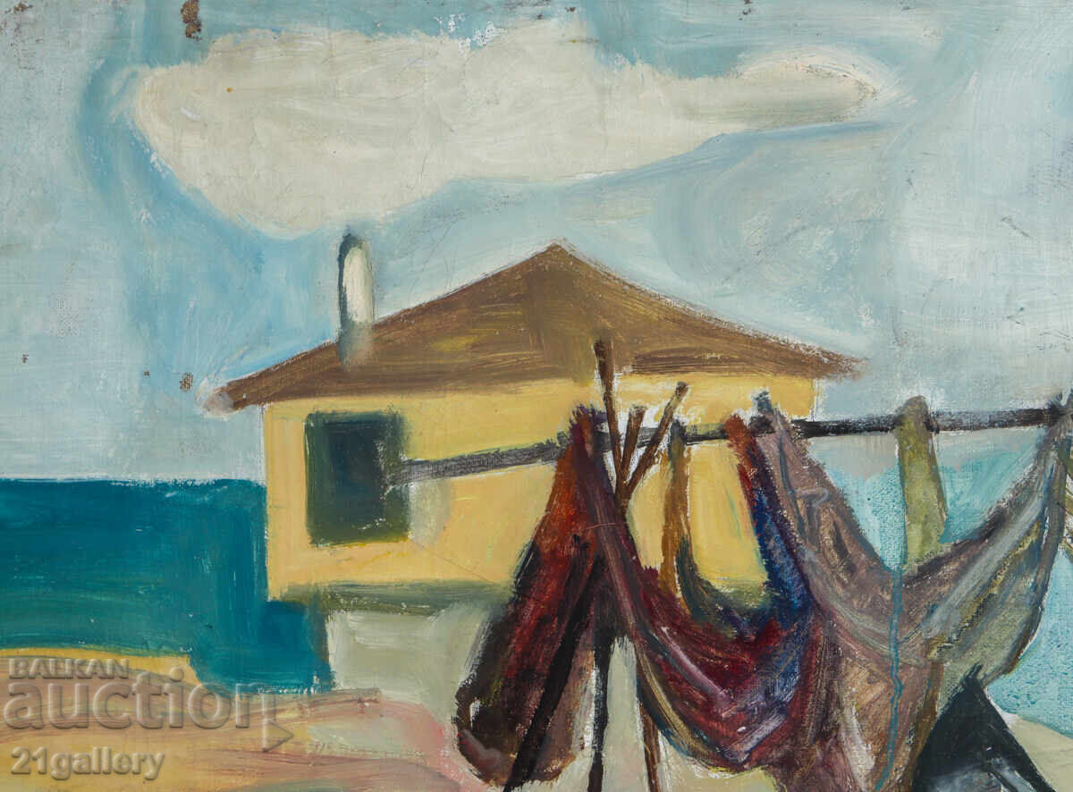 Παράδοση Έργο ζωγραφικής με λάδι, τοπίο, δίχτυα ψαράδων