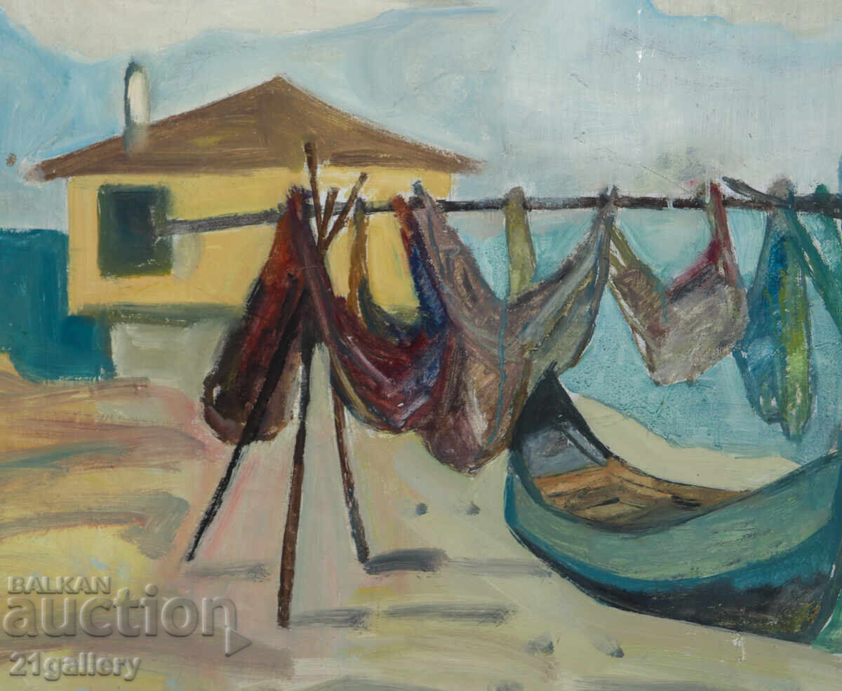 Έργο ζωγραφικής με λάδι, τοπίο, δίχτυα ψαράδων - 5