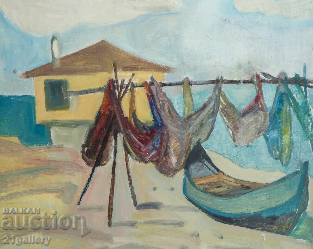 Έργο ζωγραφικής με λάδι, τοπίο, δίχτυα ψαράδων - 6