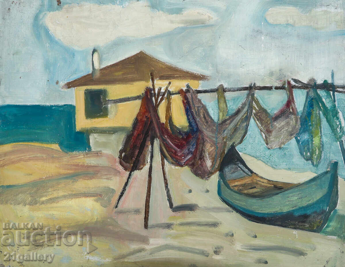Έργο ζωγραφικής με λάδι, τοπίο, δίχτυα ψαράδων