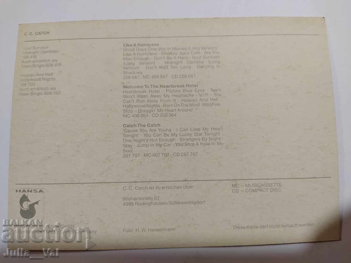 Autograf de la C.C. Catch - C.C.Catch 1 cu preț 12.00 BGN | € 6.14 Autograf de la C.C. Catch - C.C.Catch 1 cu preț 12.00 BGN | € 6.14