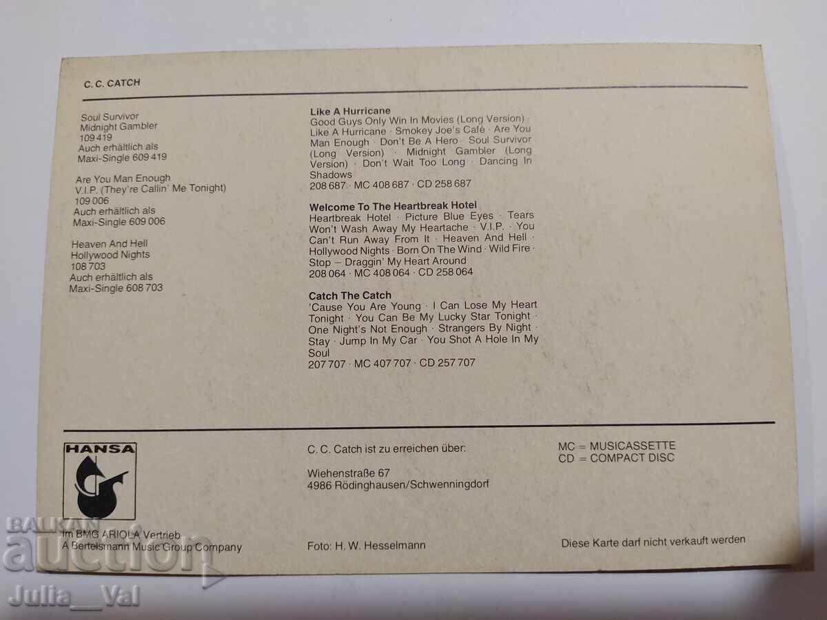 Autograf de la C.C. Catch - C.C. Catch 3 cu preț 5.51 BGN | € 2.82 Autograf de la C.C. Catch - C.C. Catch 3 cu preț 5.51 BGN | € 2.82