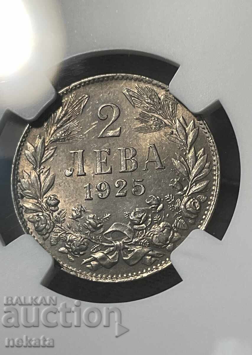 Δημοπρασία 2 λέβα 1925 (χωρίς γραμμή) MS64 NGC
