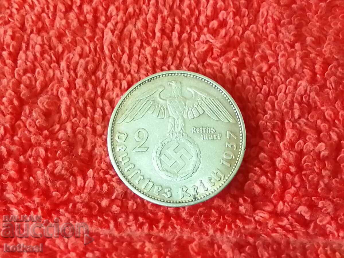 Old silver coin 2 marks 1937 Germany