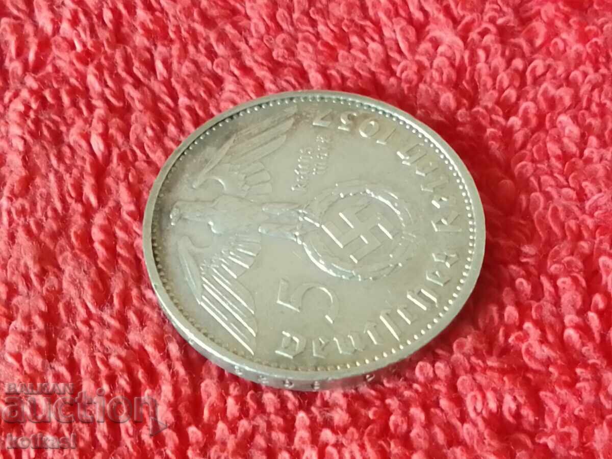 Παλαιό ασημένιο νόμισμα 5 μάρκων Ε 1937 Γερμανία - 6