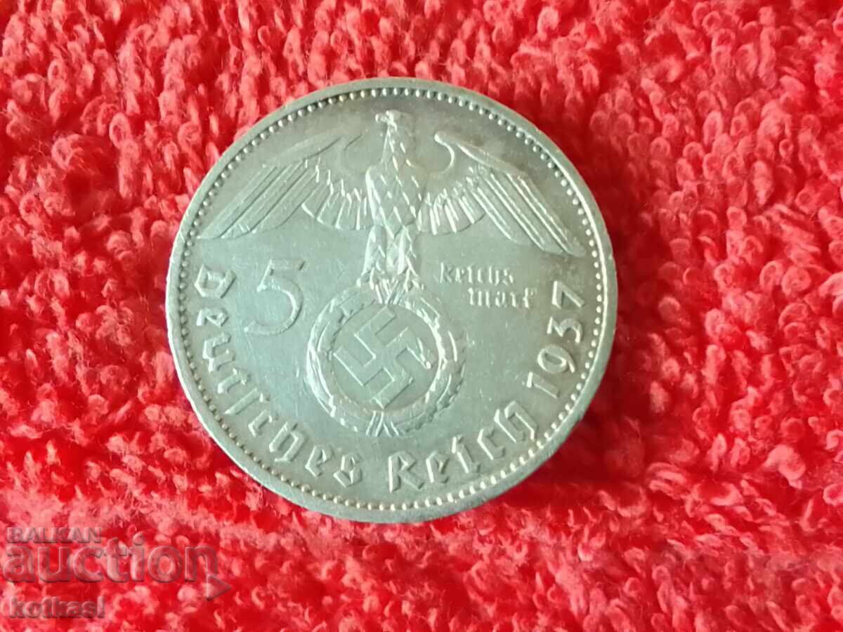 Παλαιό ασημένιο νόμισμα 5 μάρκων Ε 1937 Γερμανία - 7