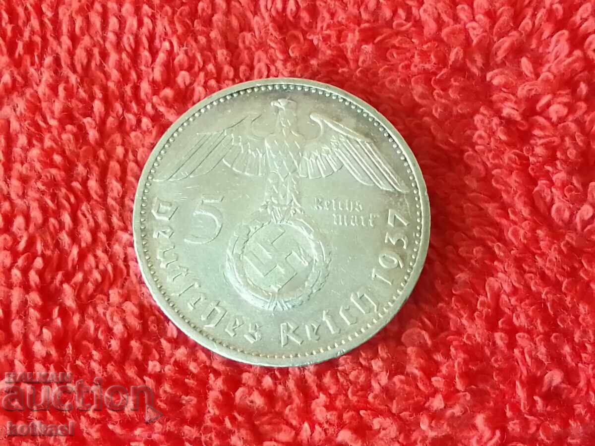 Old silver coin 5 marks E 1937 Germany