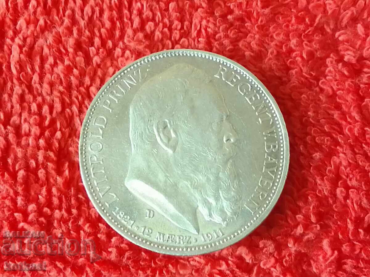 Сребърна монета 3 марки D 1911 г.  Германия Бавария качество с цена 165.50 лв. | € 84.62