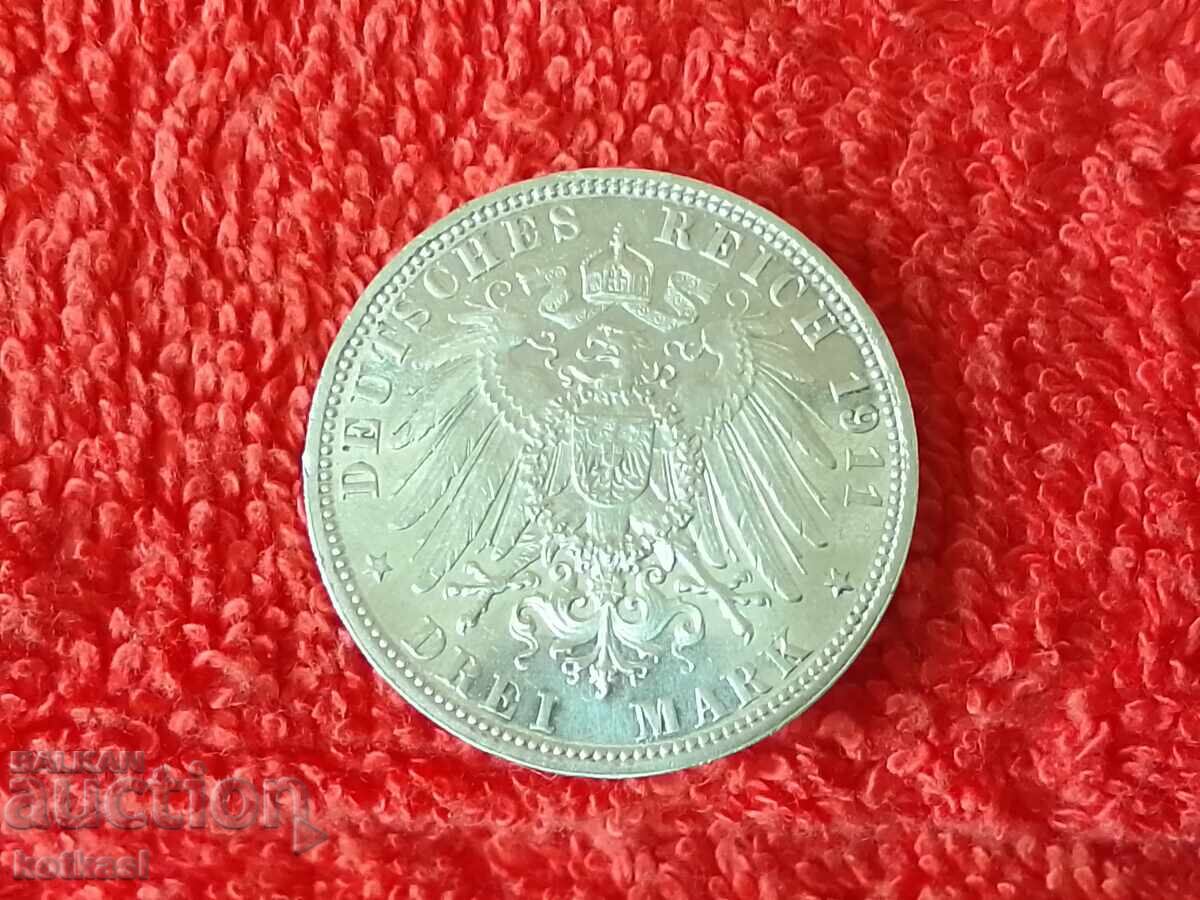 Аукцион Сребърна монета 3 марки D 1911 г.  Германия Бавария качество