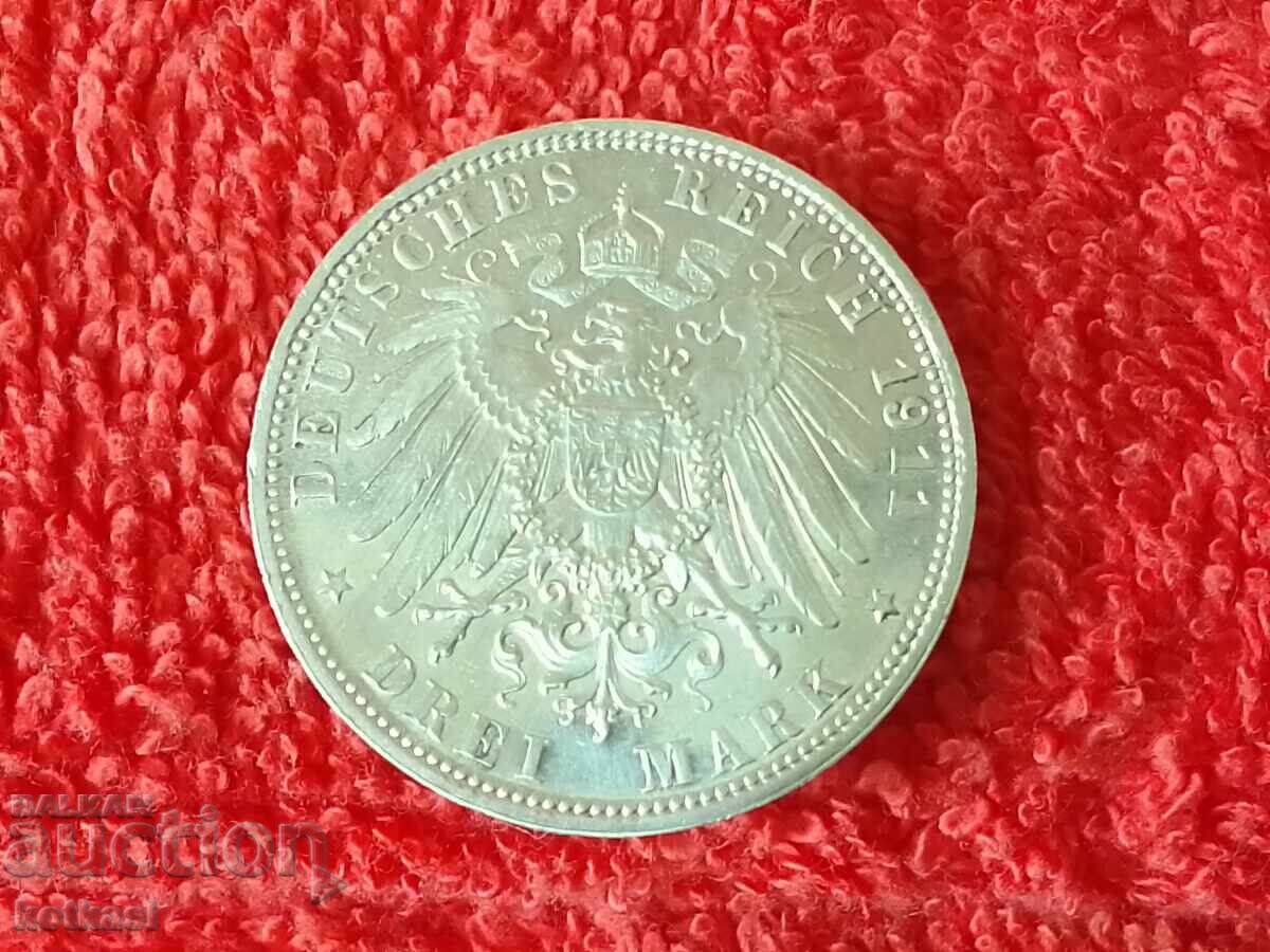 Доставка на Сребърна монета 3 марки D 1911 г.  Германия Бавария качество