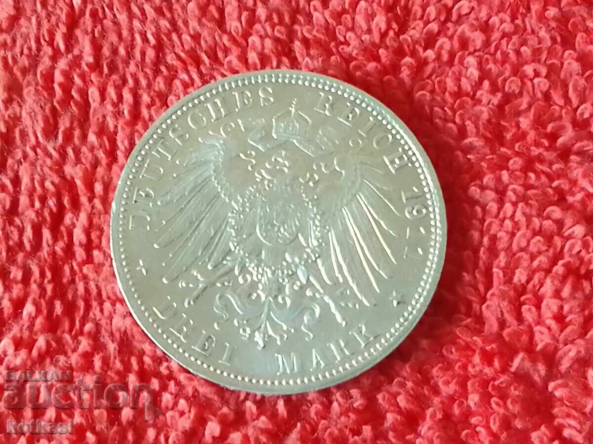 Сребърна монета 3 марки D 1911 г.  Германия Бавария качество - 6