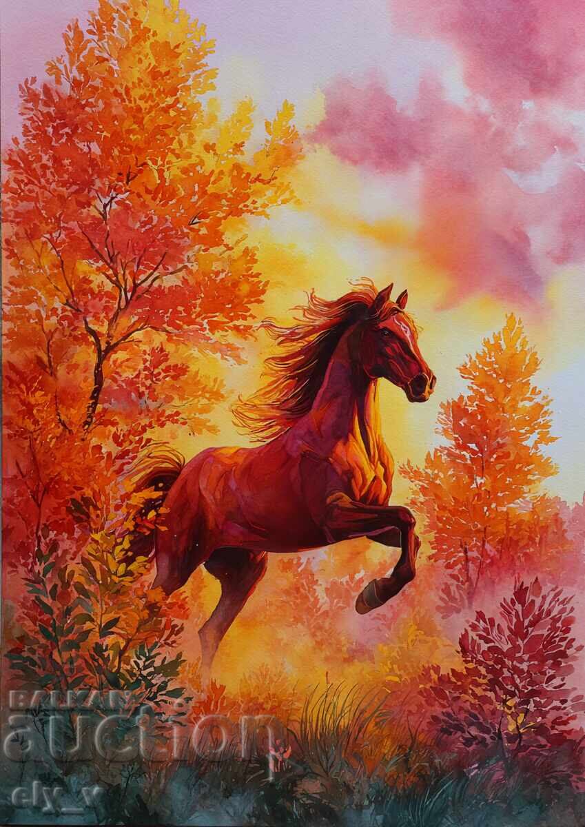 Fiery Horse - Painting 21/30 - Watercolor reproduction