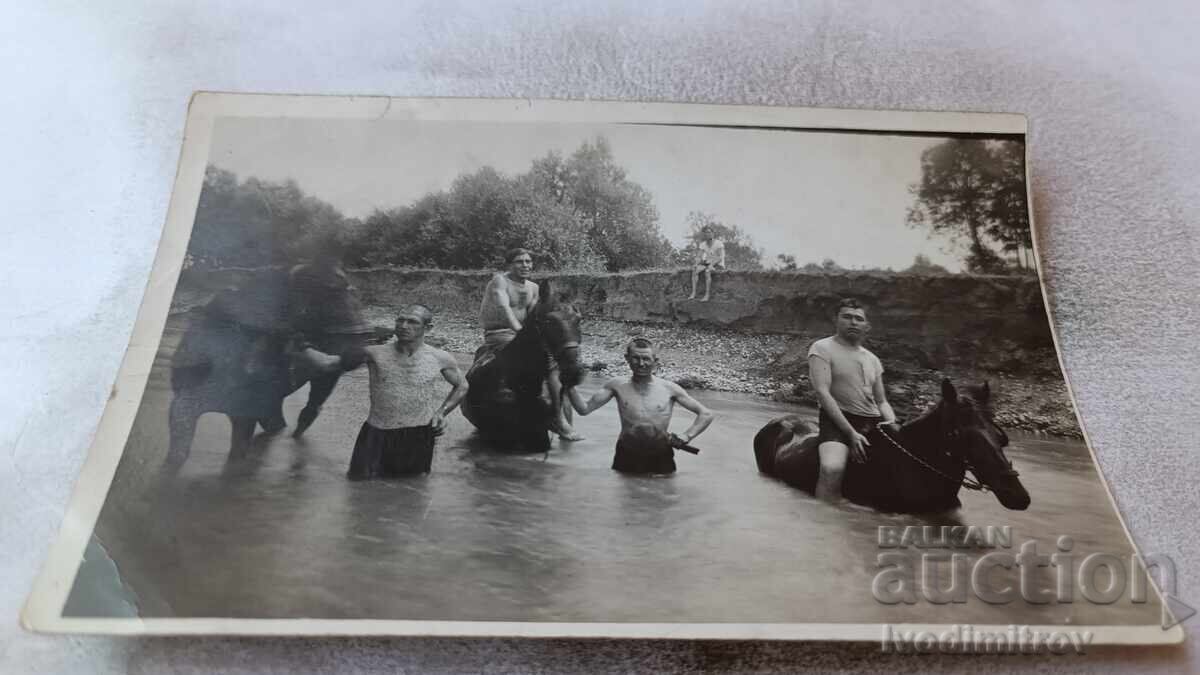 Fotografie Bărbați și băieți cu cai în râu Fotografie Bărbați și băieți cu cai în râu