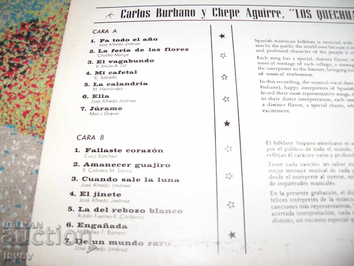 Δημοπρασία Επιτυχίες από τη Λατινική Αμερική ερμηνευμένες από τους LOS QUECHUAS, LP