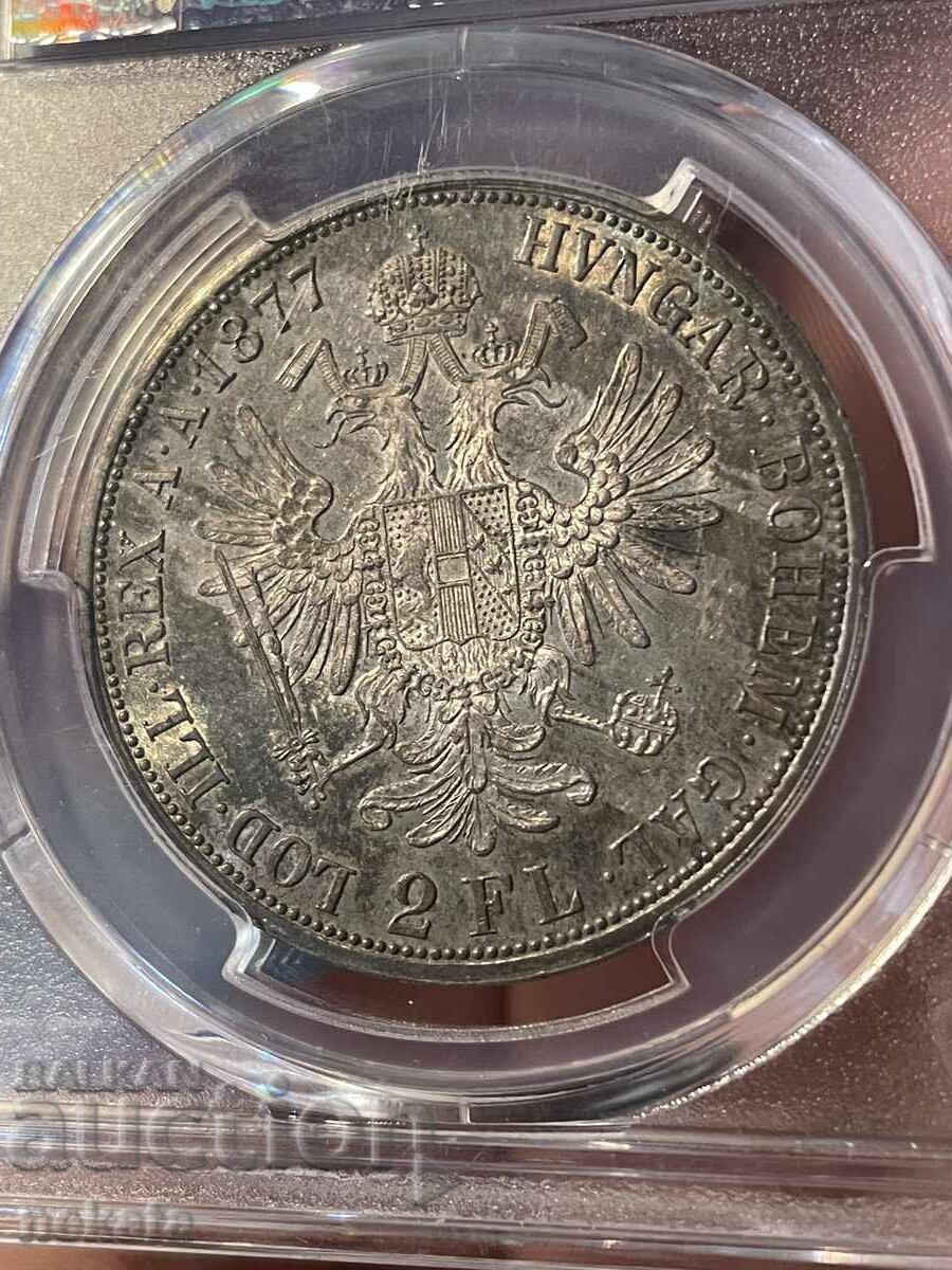 Livrarea Austria, 2 florini 1877, MS62 PCGS