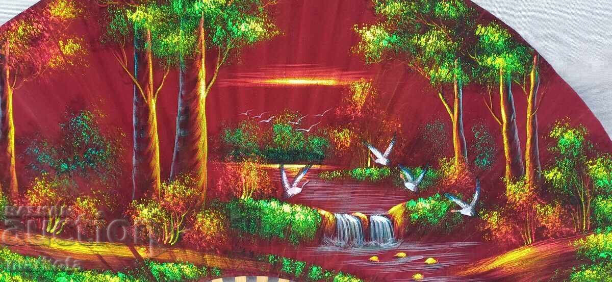 Δημοπρασία Μεγάλο παλιό χειροποίητο ζωγραφισμένο βεντάλι για τοίχο λάδι σε καμβά