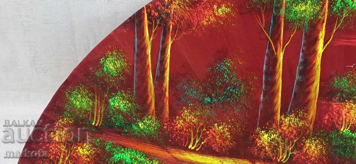 Delivery of Large old hand-painted wall fan, oil on canvas Delivery of Large old hand-painted wall fan, oil on canvas