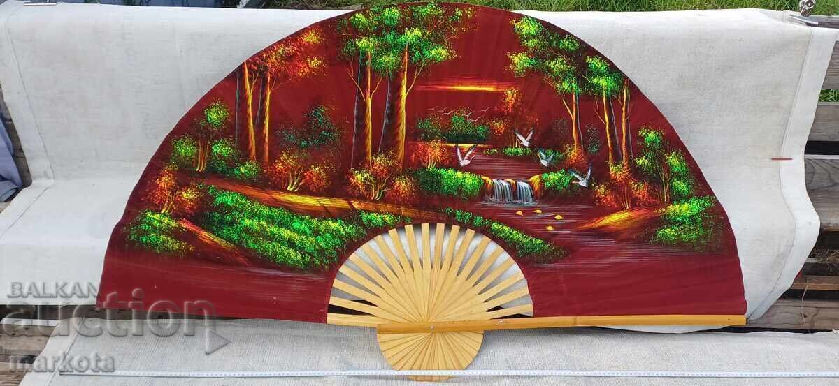 Large old hand-painted wall fan, oil on canvas Large old hand-painted wall fan, oil on canvas