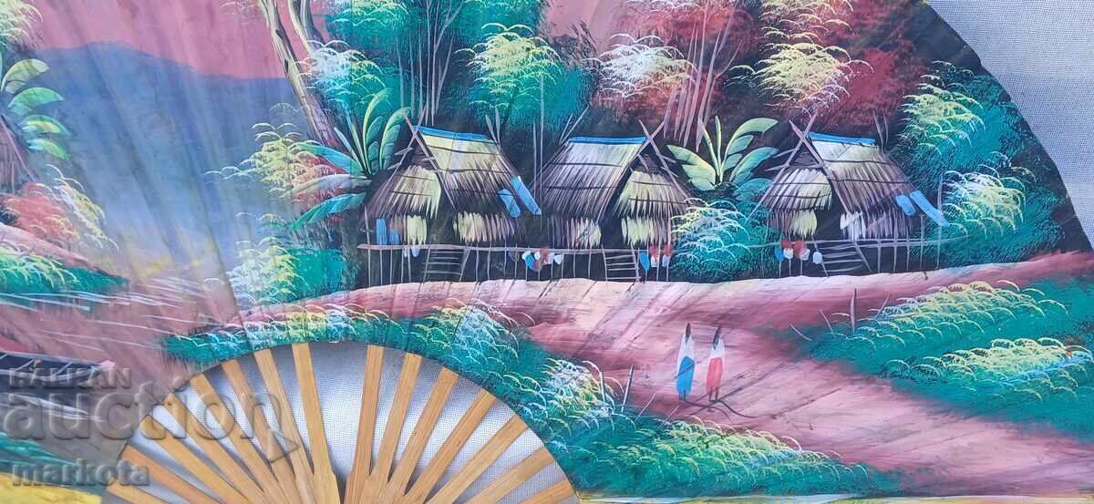 Auction  Large old hand-painted wall fan, oil on canvas