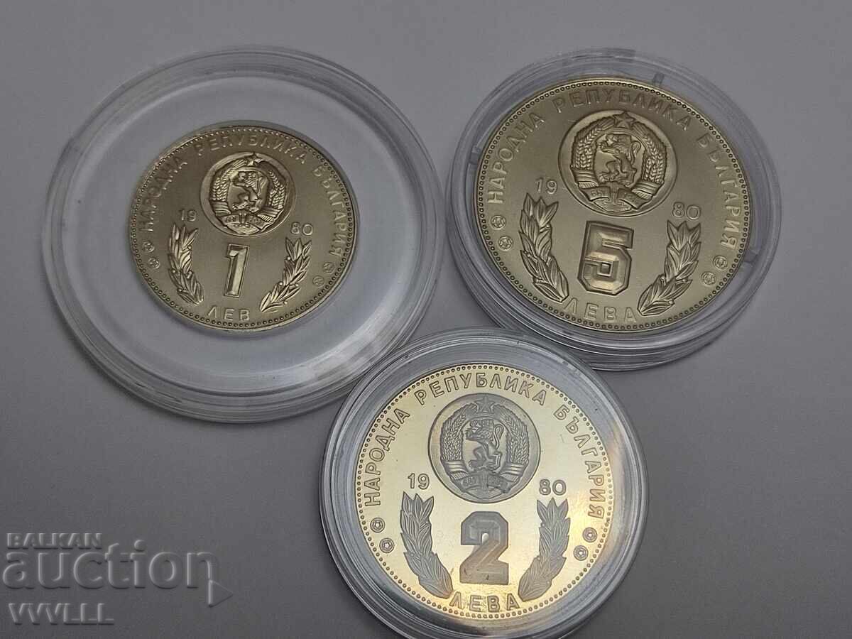 Delivery of 1980 "Spain '82" 1, 2 and 5 Leva. LONG apostrophe