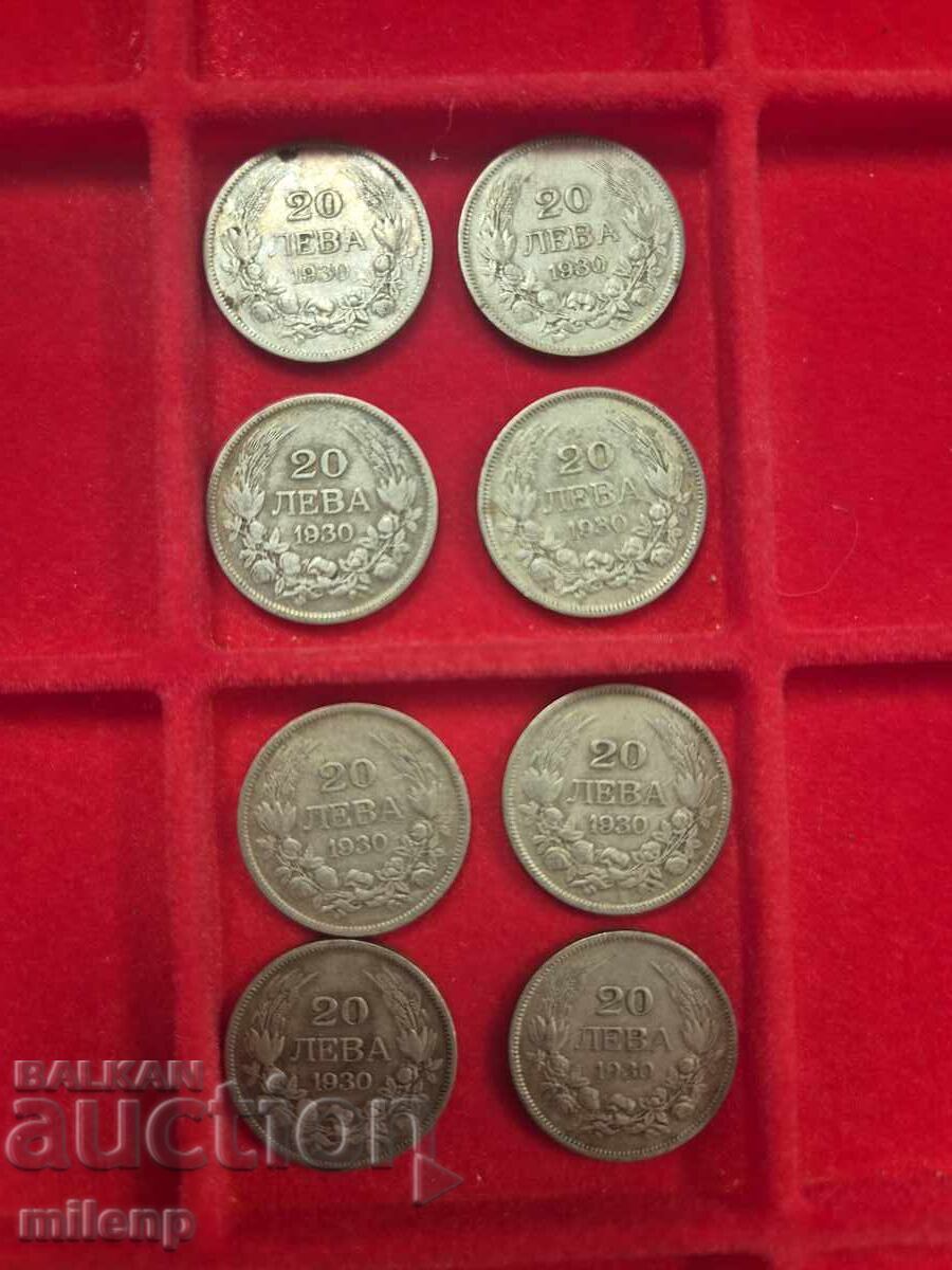 Silver 20 Leva 1930, 8 pieces Silver 20 Leva 1930, 8 pieces