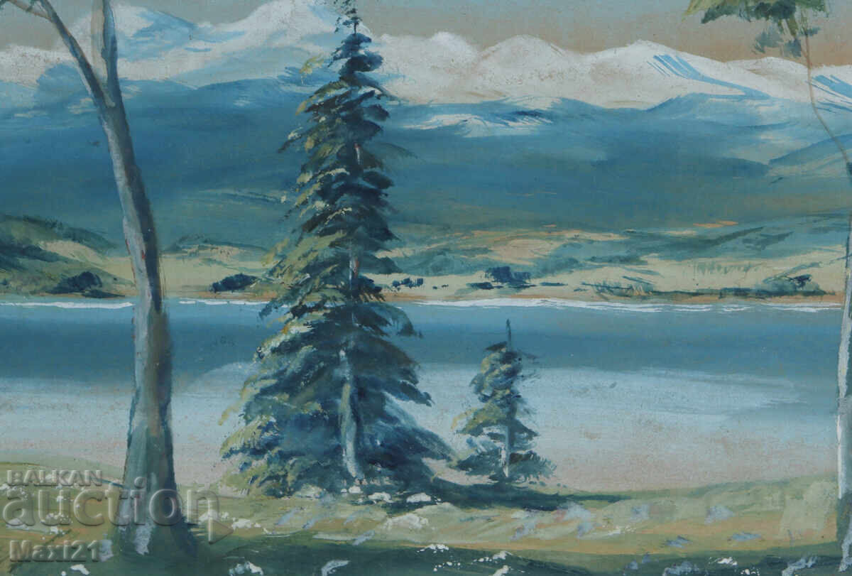 Auction  Old watercolor painting mountain landscape lake