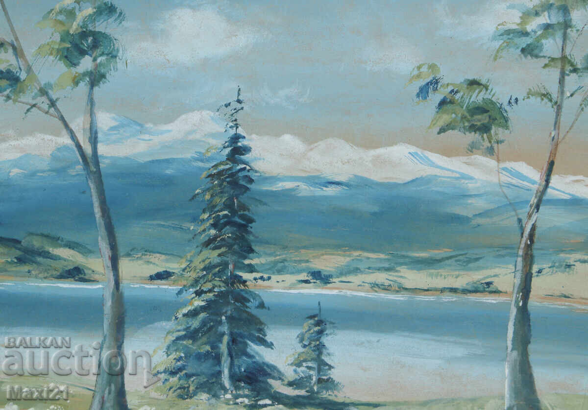 Delivery of Old watercolor painting mountain landscape lake