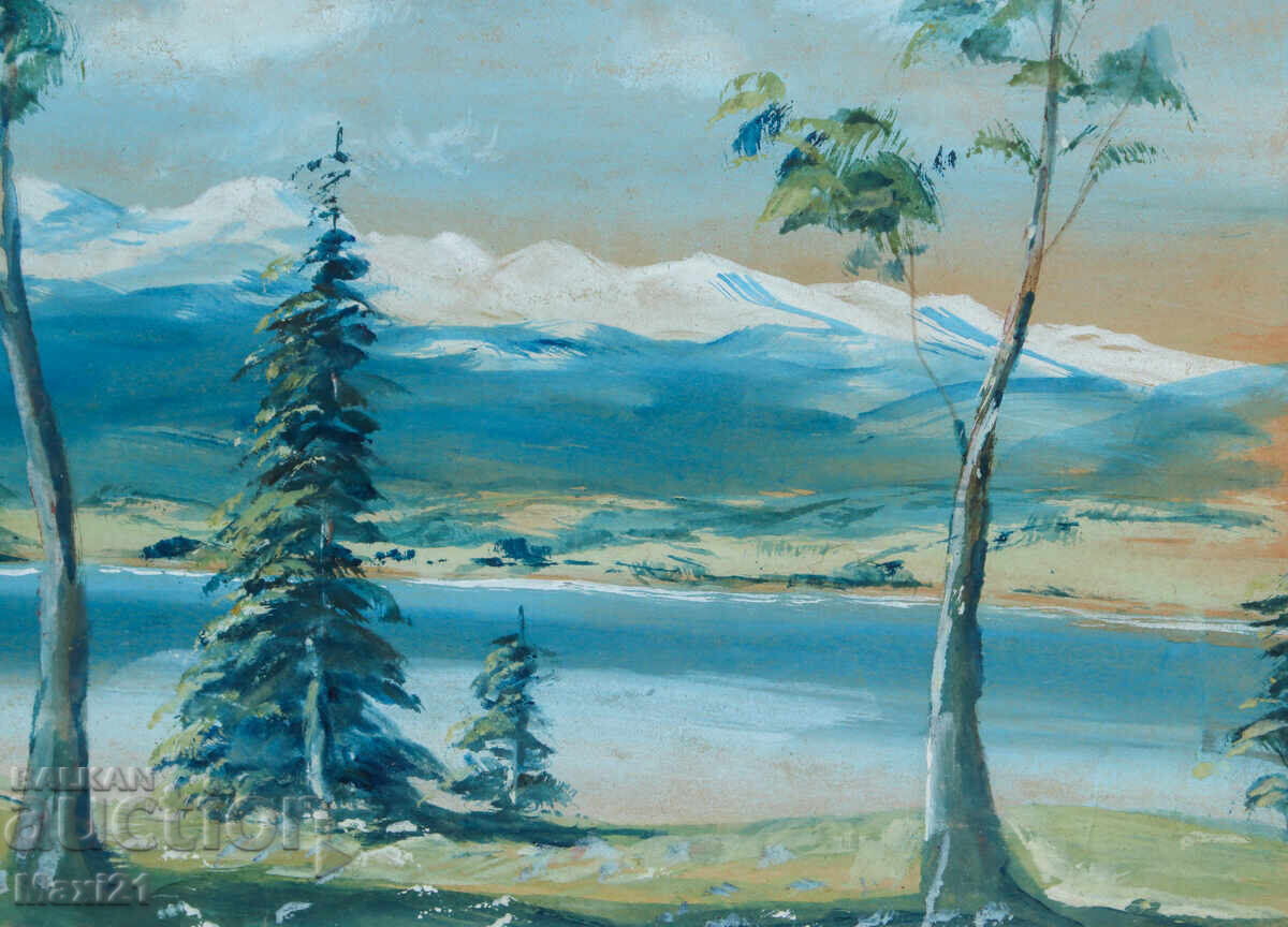 Old watercolor painting mountain landscape lake - 5