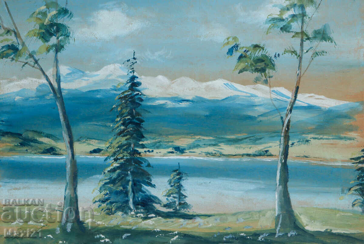 Old watercolor painting mountain landscape lake
