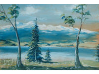 Old watercolor painting mountain landscape lake