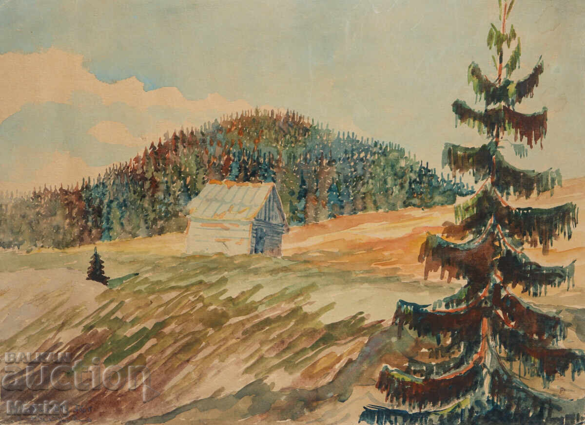 Old watercolor painting, rural landscape, 1956 with price 200.00 BGN | € 102.26