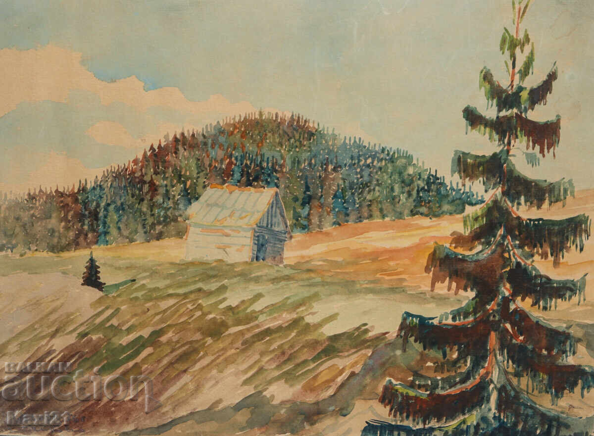 Auction  Old watercolor painting, rural landscape, 1956