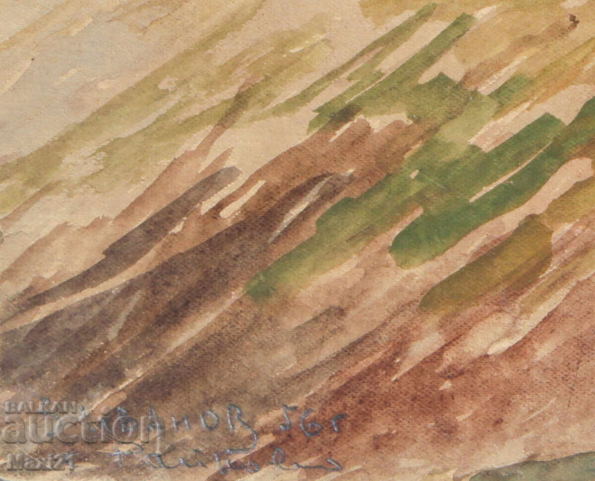 Delivery of Old watercolor painting, rural landscape, 1956