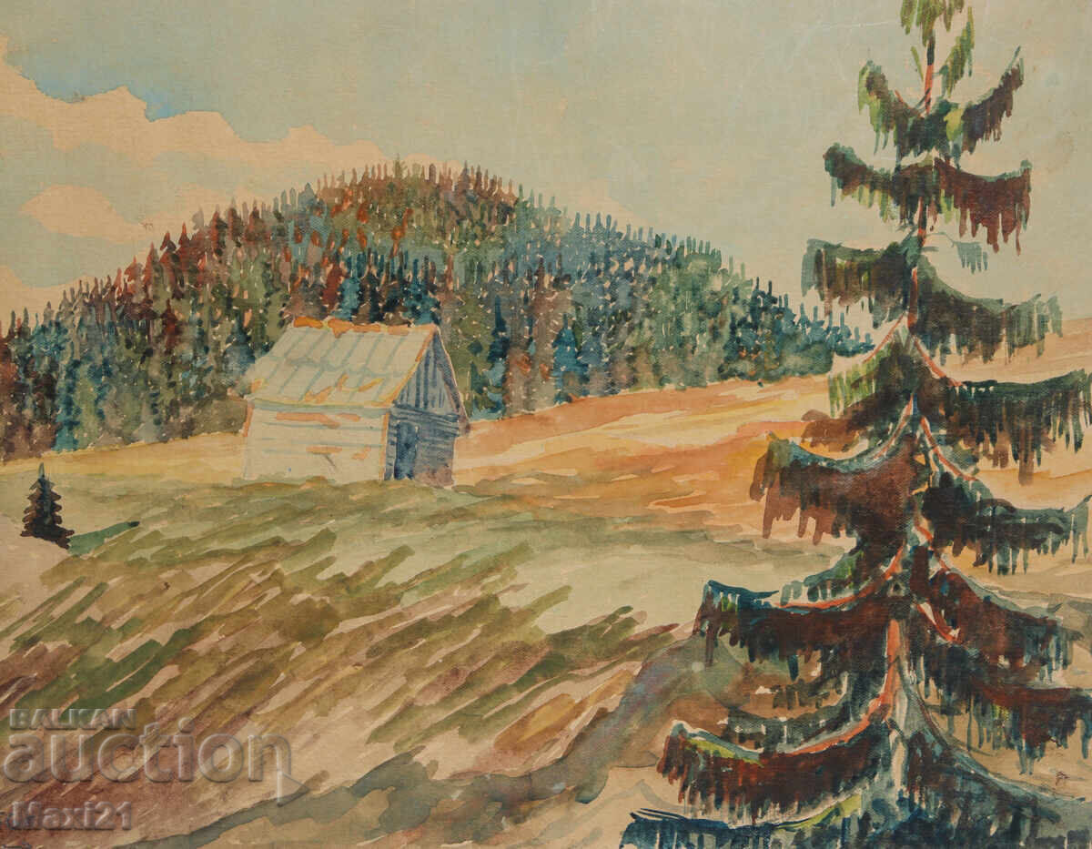 Old watercolor painting, rural landscape, 1956 - 5
