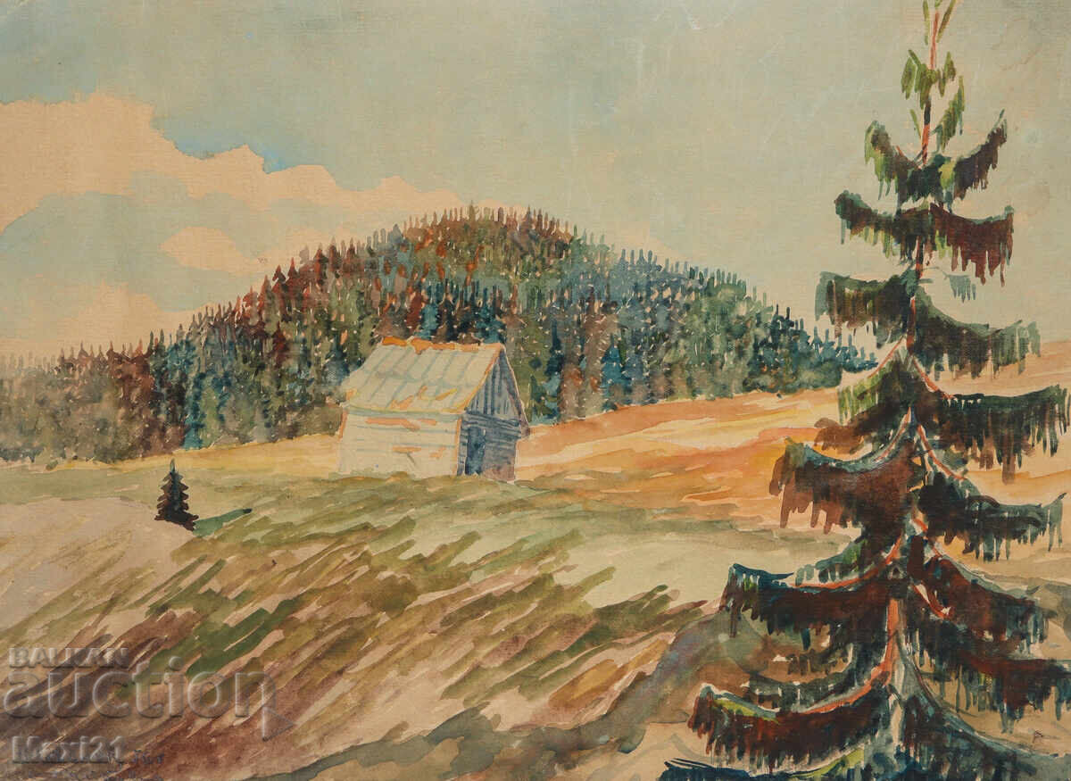 Old watercolor painting, rural landscape, 1956