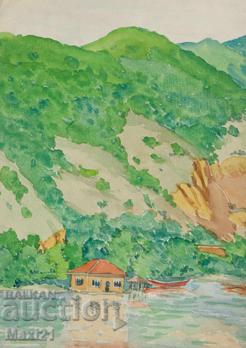 Παλιός πίνακας ακουαρέλας, σκηνή καθημερινής ζωής με τιμή 180.00 BGN | € 92.03