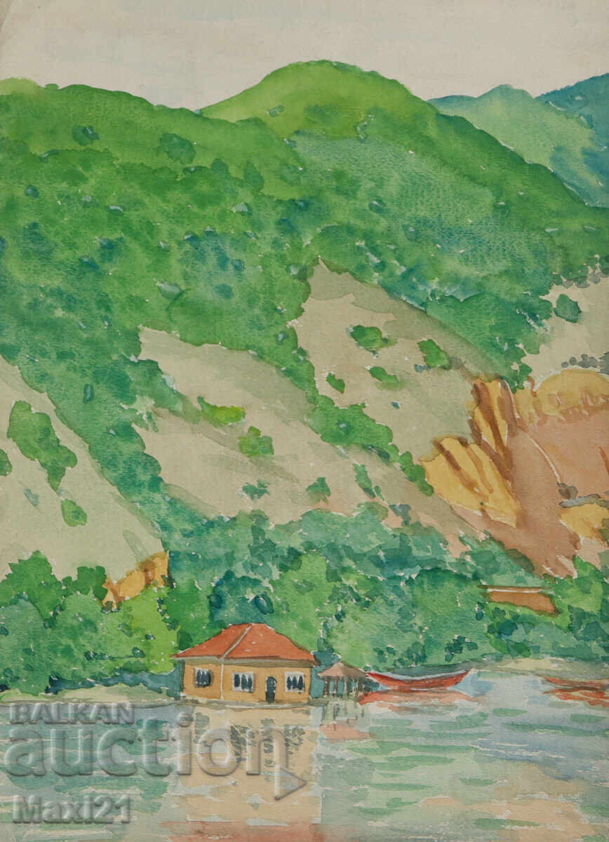 Παλιός πίνακας ακουαρέλας, σκηνή καθημερινής ζωής