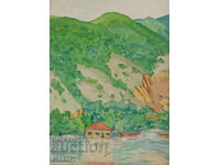 Παλιός πίνακας ακουαρέλας, σκηνή καθημερινής ζωής