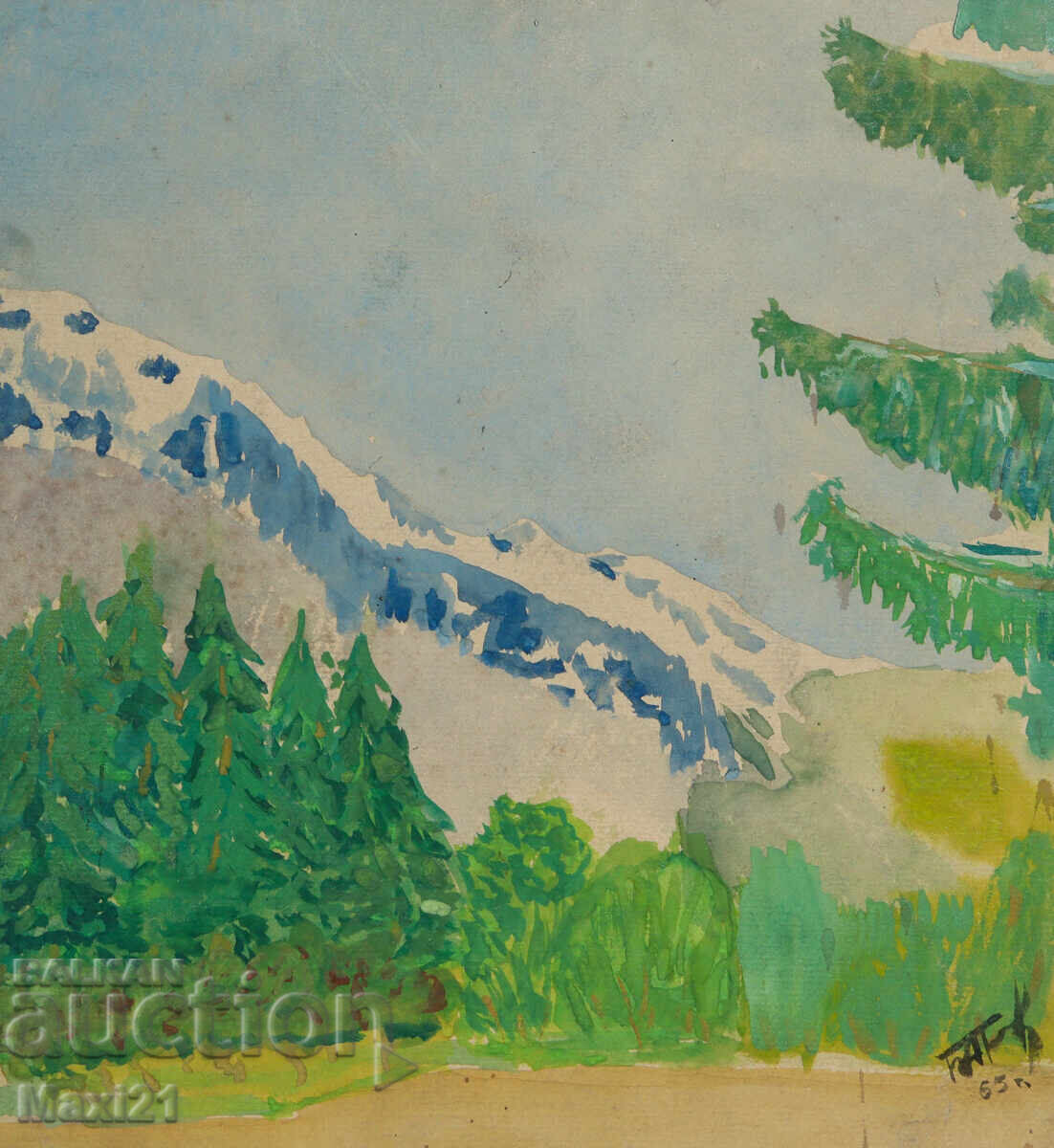 Old watercolor painting, mountain landscape, 1965