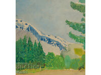 Old watercolor painting, mountain landscape, 1965