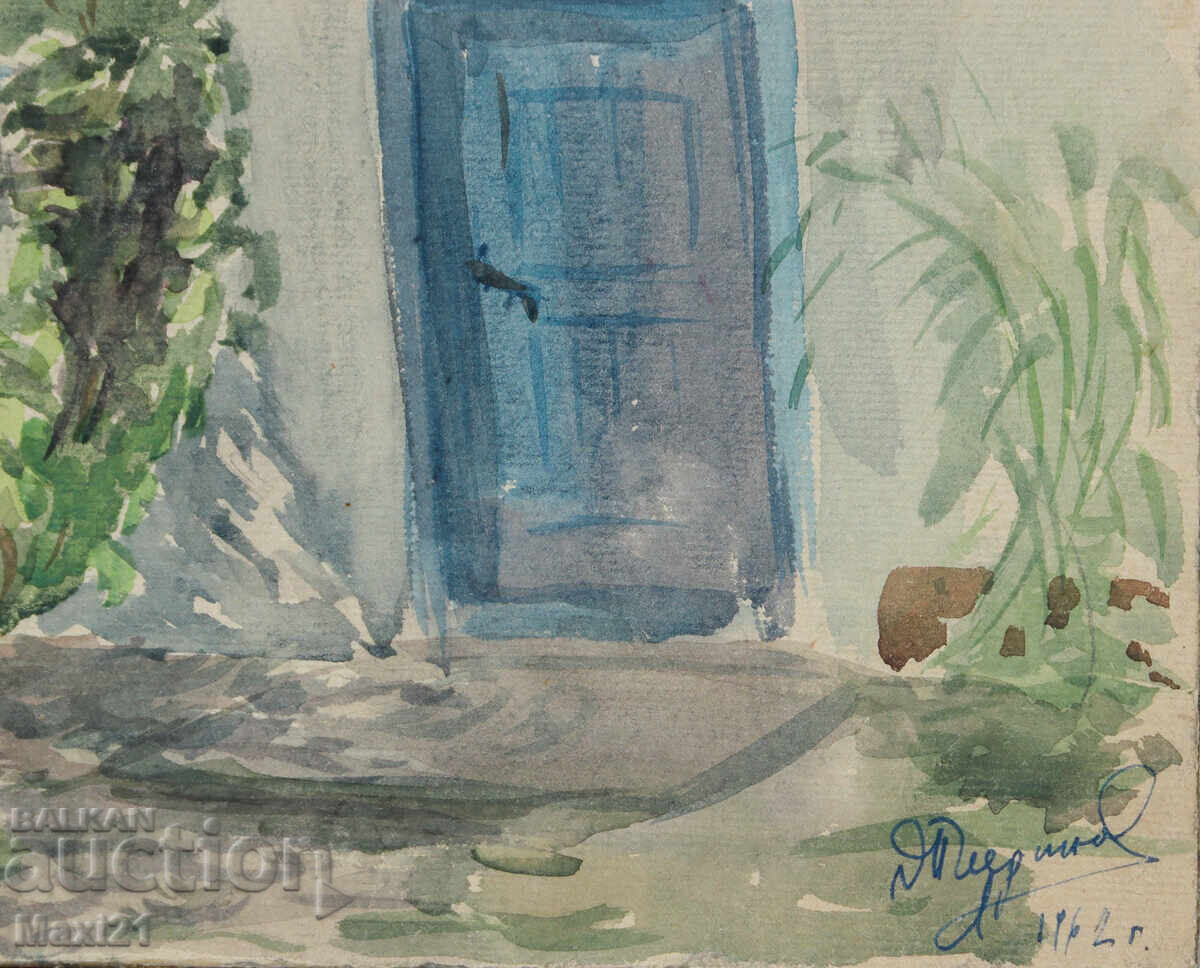 Old watercolor painting, genre scene, 1962 - 5