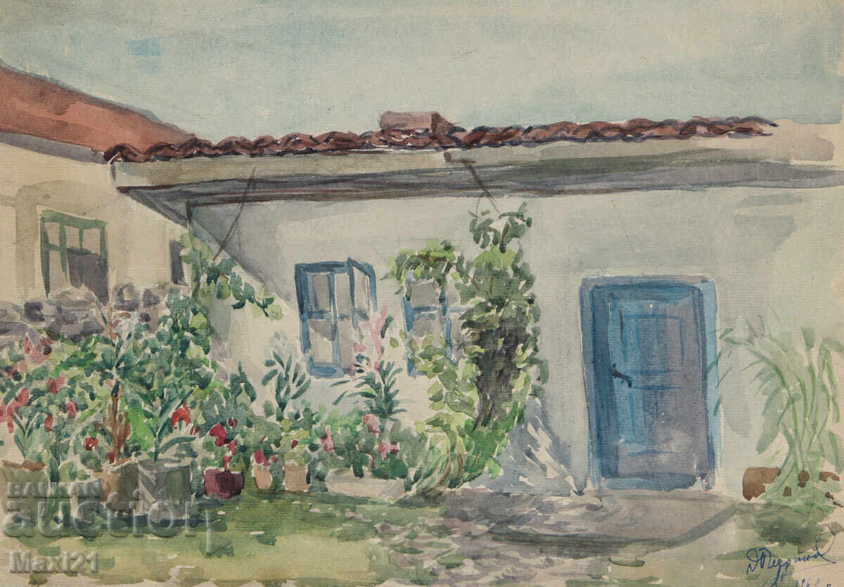 Old watercolor painting, genre scene, 1962