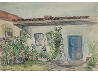 Παλιός πίνακας ακουαρέλας, τοπίο με σκηνές της καθημερινής ζωής, 1962