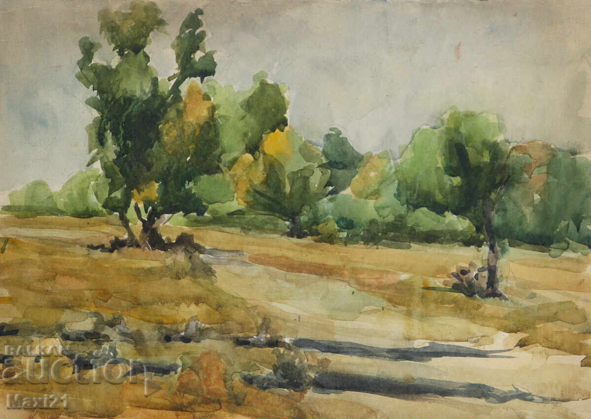 Παλιός πίνακας ακουαρέλας φυσικού τοπίου δασικού μονοπατιού με τιμή 200.00 BGN | € 102.26